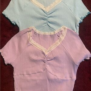 Lace Trim Ribbed Women cropped Tops - Blue and Purple